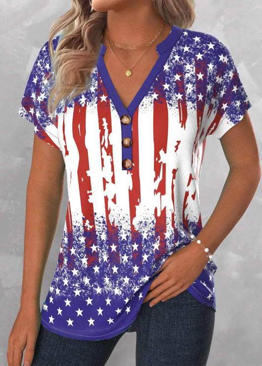 American Flag Blue Button Short Sleeve Split Neck Blouse